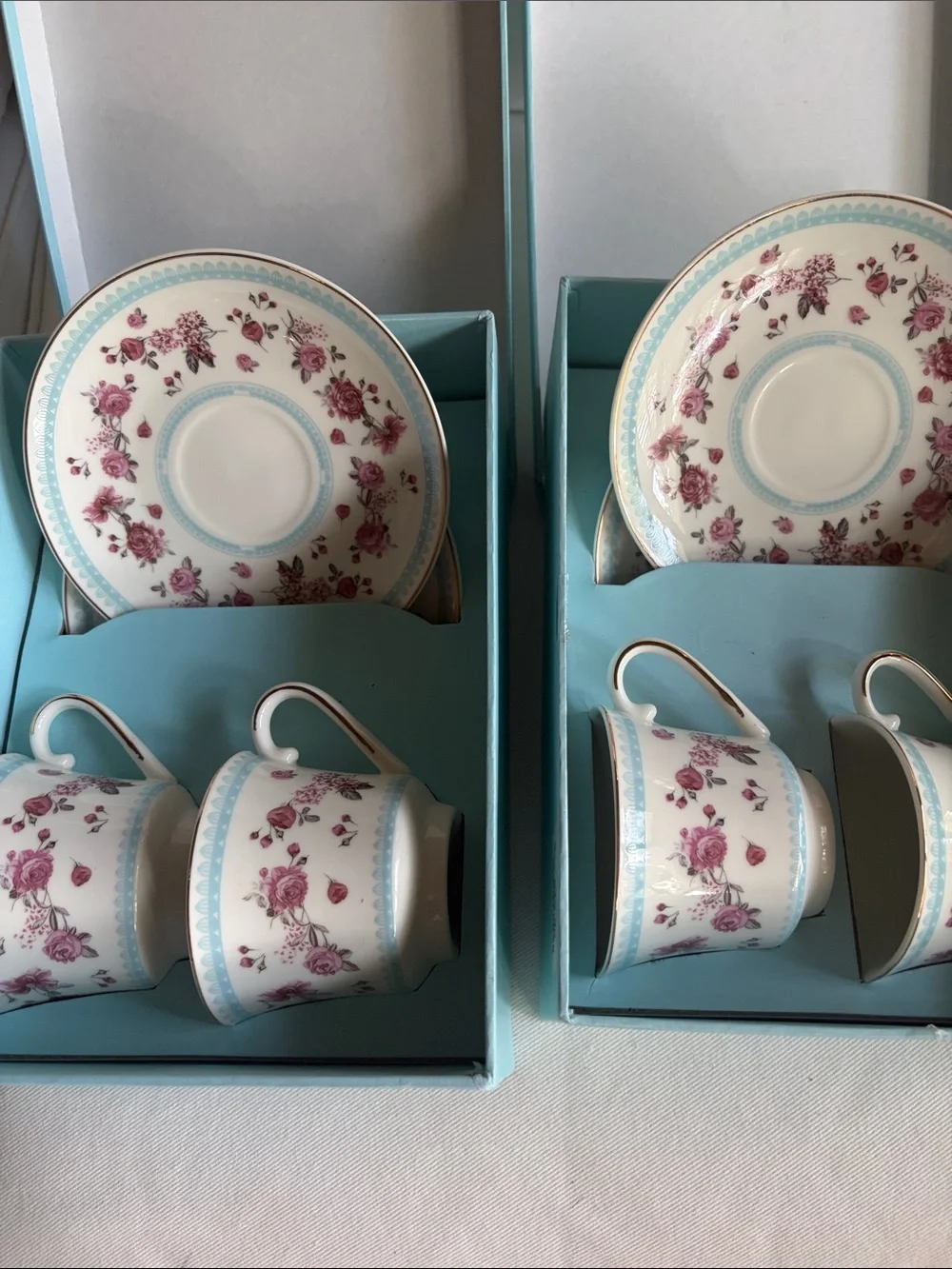 Shabby Chic Pink Rose Teacup and Saucer Set with Blue Trim